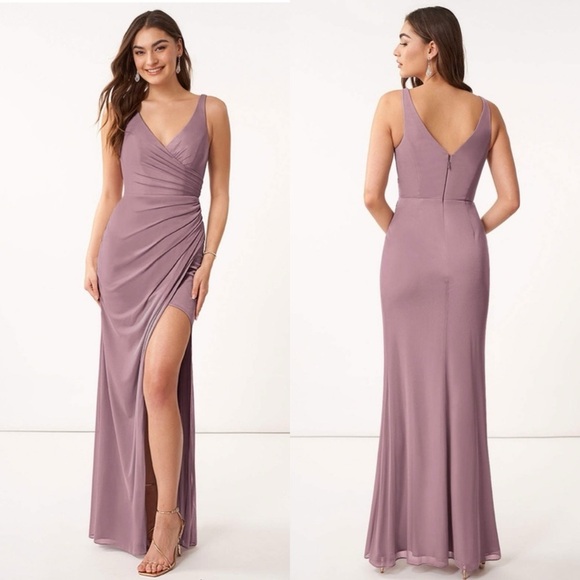 AZAZIE Leandra Dusty Rose Chiffon Bodycon Maxi Length Bridesmaid Dress - Picture 1 of 4